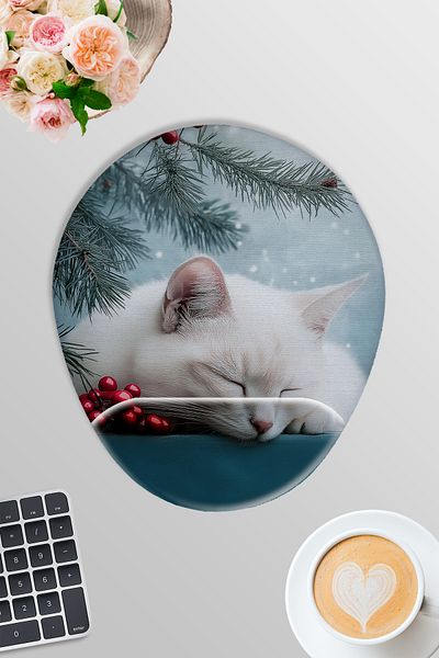 qoeuyl boutique White Cat Winter Themed No:3 Gamer Gaming Οβάλ ποντίκι με υποστήριξη καρπού