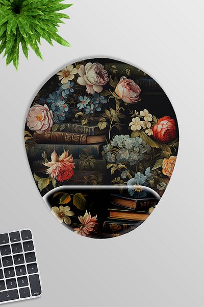 qoeuyl boutique Flower and Books No:3 Gamer Gaming Oval Wrist Support Mousepad