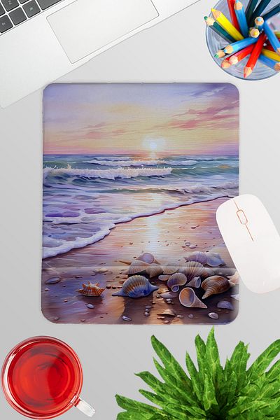 qoeuyl boutique Sunset Beach Printed No:2 Παίκτης Gaming Ορθογώνιο ποντίκι με υποστήριξη καρπού