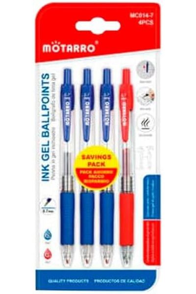 MOTARRO MC014-7 0.7mm Tip Gel Ink Retractable Ballpoint Pen 4-Piece Set, (pack of 2) Red/Blue