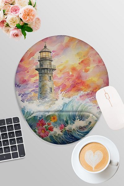 qoeuyl boutique Ocean Themed Lighthouse Gamer Gaming Oval Wrist Support Mousepad