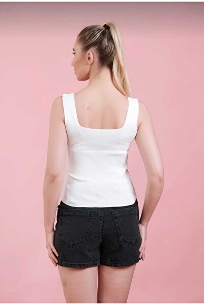 Mrs.idea White Women's Square Neck Thick Strap Slim Knitwear Tank Top-Mrs.Wqa