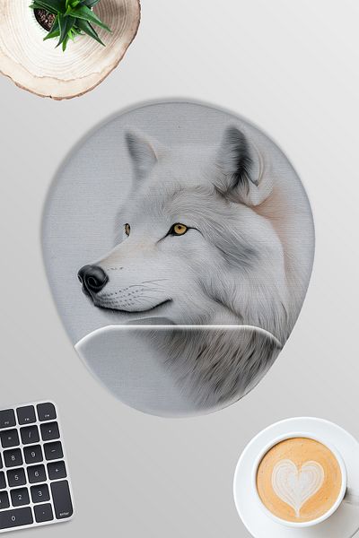 qoeuyl boutique White Wolf Winter Themed No:2 Player Gaming Oval Wrist Supported Mousepad