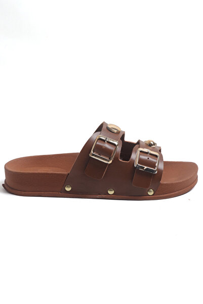 Ayakkabı Vakti Двосмугові золоті капці з застібкою, деталізовані, для щоденного комфорту, жіночі капці