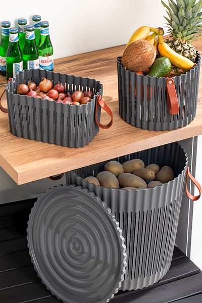 Porsima 4314 Anthracite Σετ Καλαθιών 3 τεμαχίων – Οργανωτής κουζίνας μπάνιου, πάγκος και καλάθι βρώμικου πλυντηρίου