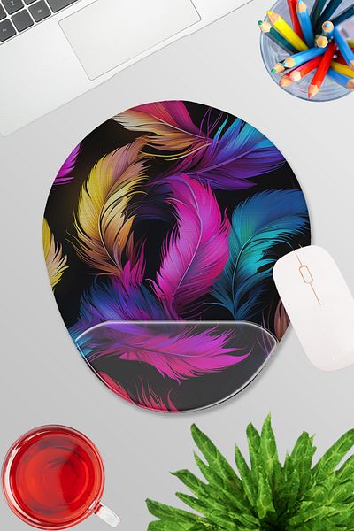 qoeuyl boutique Colorful Feathers No:1 Printed Gamer Gaming Oval Wrist Support Mousepad