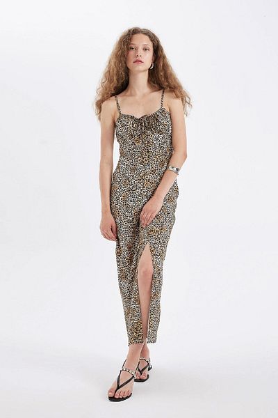 DeFacto HeArt CollAr LeopArd PAtterned Viscose MAxi Dress - A9283axbg203