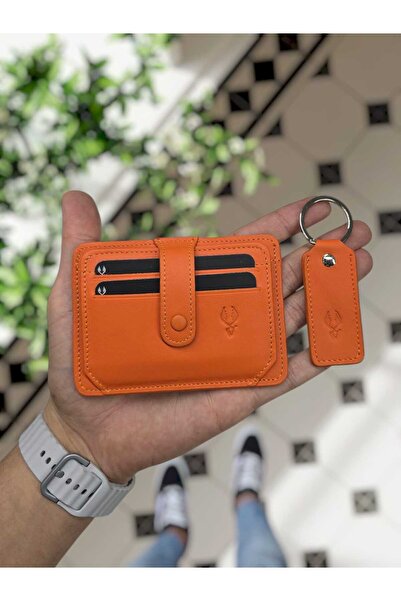 653 GENUINE LEATHER PAPER MONEY COMPARTMENT ID CARD CREDIT CARD HOLDER WALLET Bag ORANGE KEYCHAIN