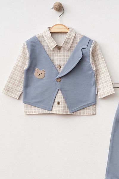 NEGİYYİM Baby Boy Teddy Bear Vest Plaid Patterned Suit 6-18 Months