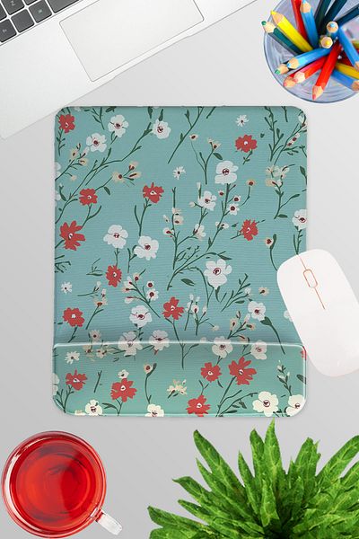 qoeuyl boutique Cute Flowers No:2 Printed Gamer Gaming Ορθογώνιο ποντίκι με στήριγμα καρπού