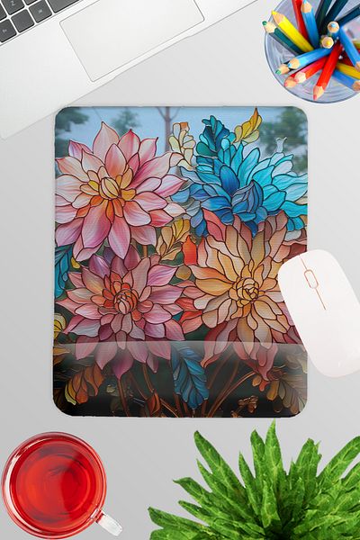 qoeuyl boutique Stained Glass Look Flowers Printed No:1 Player Gaming Rectangular Wrist Supported Mousepad