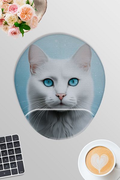 qoeuyl boutique White Cat Winter Themed No:4 Gamer Gaming Oval Wrist Supported Mousepad
