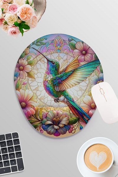 qoeuyl boutique Cute Little Bird Stained Glass Look Printed Gamer Gaming Oval Wrist Support Mousepad