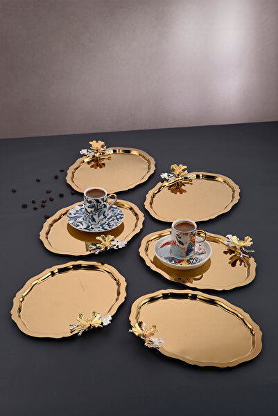 AHİR TİCARET 6 Adet Oval Kelebek Aksesuarlı Kahve-çay Servis Ve Sunum Tepsisi 25x20 Cm