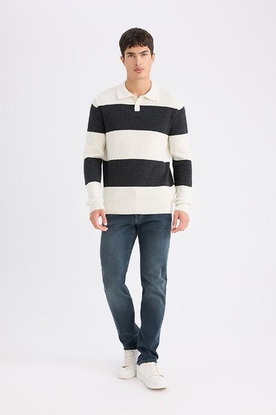 DeFacto Standard Fit Polo Neck Striped Knitwear Sweater D3590Ax24Wn