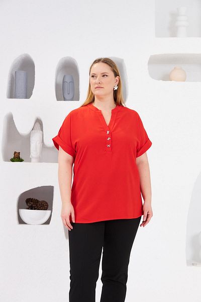 RMG Bow Button Detailed Large Size Blouse Coral