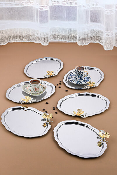 AHİR TİCARET 6 Pieces Oval Butterfly Accessory Coffee-Tea Serving and Presentation Tray 25X20 cm