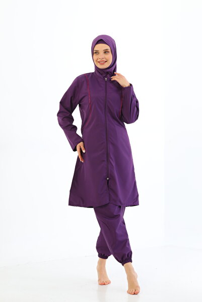 MEBA Büyük Beden Paraşüt 4'lü Fermuarlı Mor Tam Kapalı Tesettür Mayo