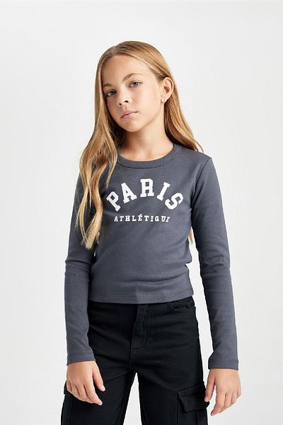 DeFacto Girls' Crop Crew Neck Printed Ribbed Camisole 2-Piece Long Sleeve T-Shirt D3347A824Au
