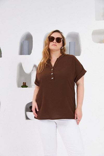RMG Plus Size Blouse - Brown with Bow Button Detail