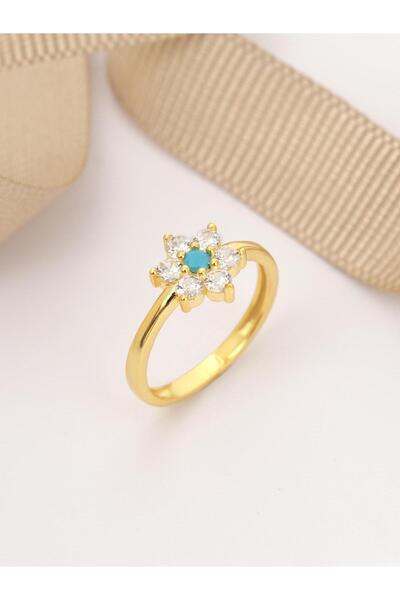 Siset Gümüş 925 Ayar Sarı Altın Kaplama Firuze (TURKUVAZ) Taşlı Papatya Model Gümüş Yüzük