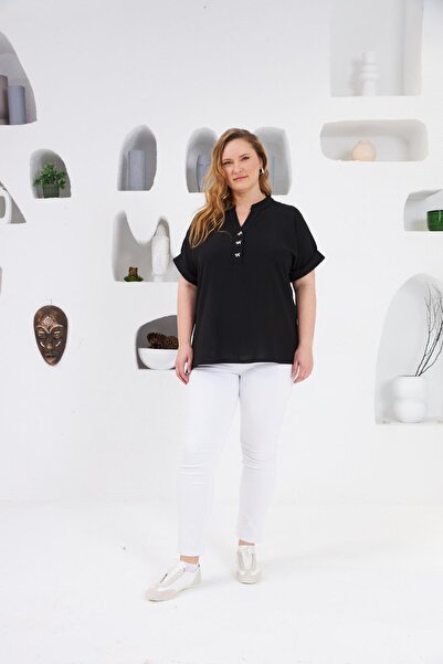 RMG Bow Button Detailed Large Size Blouse Black