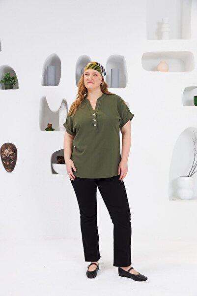 RMG Μπλούζα μεγάλου μεγέθους-χακί με λεπτομέρεια με φιόγκο με κουμπιά