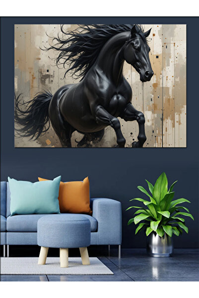 ekart Koşan Siyah At Tablosu Dekoratif Kanvas - Mdf Ahşap Tablo