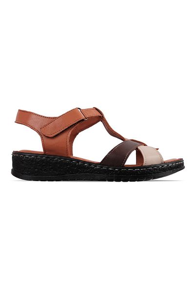 Lal Shoes & Bags Sandale cu toc joasă din piele naturală pentru femei cu două dungi - maro