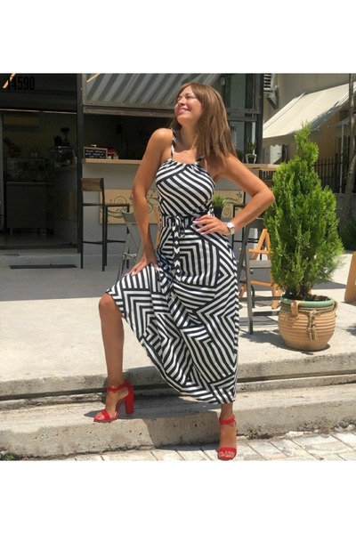 buğrahayalin Women's Adjustable Strap Geometric Pattern Belted Elastic Single Jersey Dress