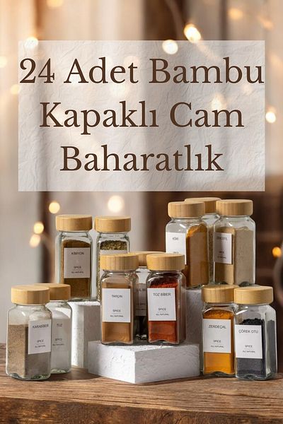 EG75 Set of 24 Glass Spice Rack with Bamboo Lid, Square Form Glass Spice Rack with 32 Turkish Stickers as a Gift