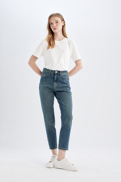 DeFacto High Waist Lightweight Close-Fitting Lina Mom Fit Jeans - Ankle Length Wash Pants D4321Ax24Au