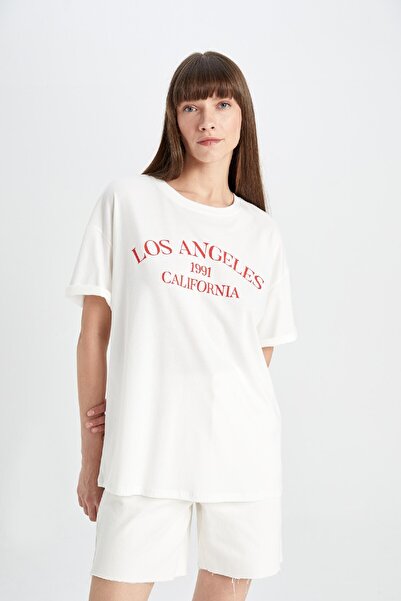 DeFacto Oversize Wide Fit Crew λαιμόκοψη χτενισμένο βαμβακερό κοντομάνικο μπλουζάκι D5100ax24hs