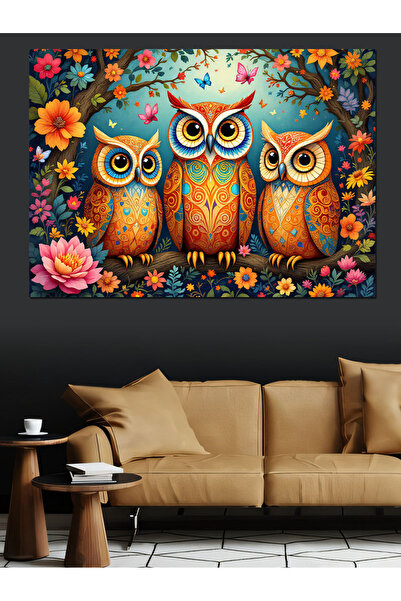 ekart Çiçekli Baykuş Ailesi Dekoratif Kanvas - Mdf Ahşap Tablo