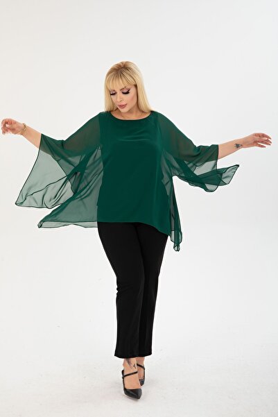 modayız Μπλούζα σιφόν πράσινου μεγάλου μεγέθους 17E-2402