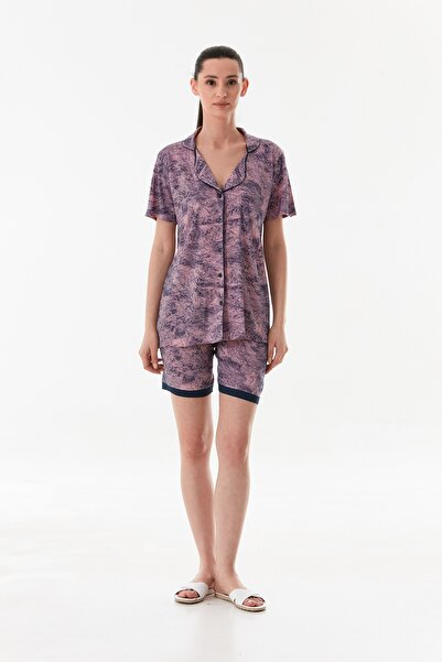 CALİA Women's Shirt with Shorts Buttoned Viscose Fabric Pajama Set (with Eye Patch Gift)