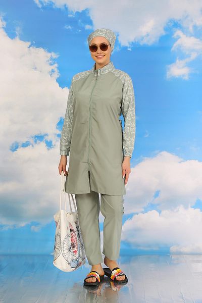 Celira Women's Patterned Full Hijab Swimsuit with Trousers Water Green 31072