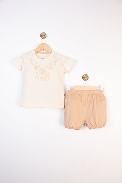 Miniworld Summer Short Sleeve Ruffled Elastic Waist Embroidered Cotton Comfortable Daily Baby Girl Set