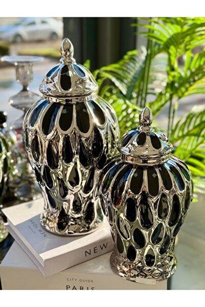 OBJE Lüks Siyah & Gümüş Dekoratif Kapaklı Seramik Küp Seti