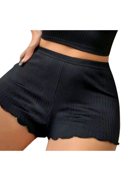 RUTBİL SPORTS Kadın Günlük Kısa Şort-Bikini Üstü Kısa Şort-Gecelik Şort-Fitilli Ev İçi Siyah Şort Boxer