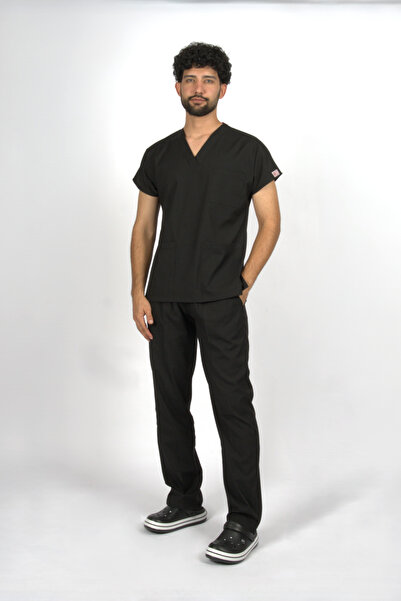 SEZA TEKSTİL Siyah Premium Flex Unisex Likralı Scrubs Doktor Hemşire Üniforma Takım