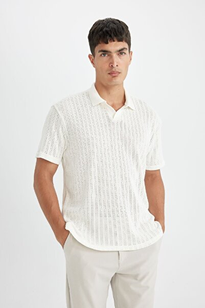 DeFacto Kurzärmliges, strukturiertes Strick-Polo-T-Shirt mit normaler Passform D4810ax24sm