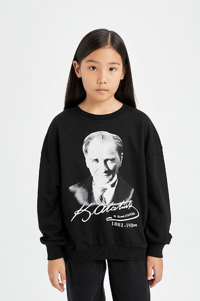 DeFacto Суитшърт с щампа Ataturk и широко деколте за момиче, D4187A824Wn