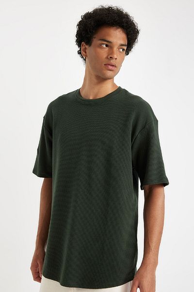DeFacto Comfort Regular Fit Relaxed Fit Crew Neck Waffle Fabric Cotton Short Sleeve Basic t Shirt