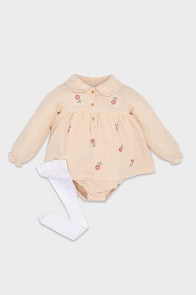 DeFacto Floral Embroidery Muslin Romper and Pantyhose Set for Newborn Baby Girls - Long Sleeve