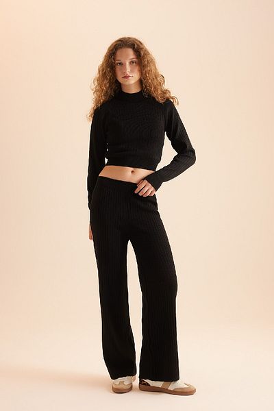 DeFacto Stand Collar Long Sleeve Ribbed Crop and Elastic Waist Flat Leg Basic Knitwear Bottoming Top Set D5228Axns