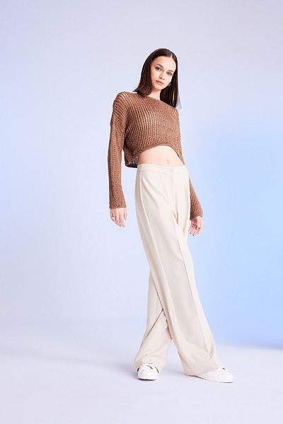 DeFacto Crew Neck Openwork Perforated Crop Knitwear Sweater - Regular Fit T4513Az24Au