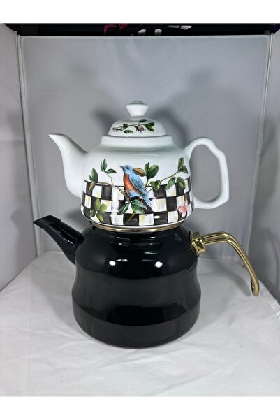 EmayeBurada Emaye Desenli Çaydanlık Porselen Demlikli Büyük Boy Siyah