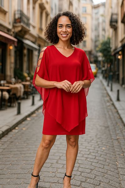 İpeksi Silky Women's Off-The-Shoulder V-Neck Chiffon Sandy Fabric Opportunity Product Above Knee Dress