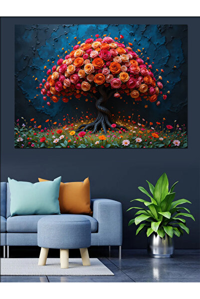 KanvasSepeti Pictură decorativă cu flori colorate, în ulei, cu textură, de în...